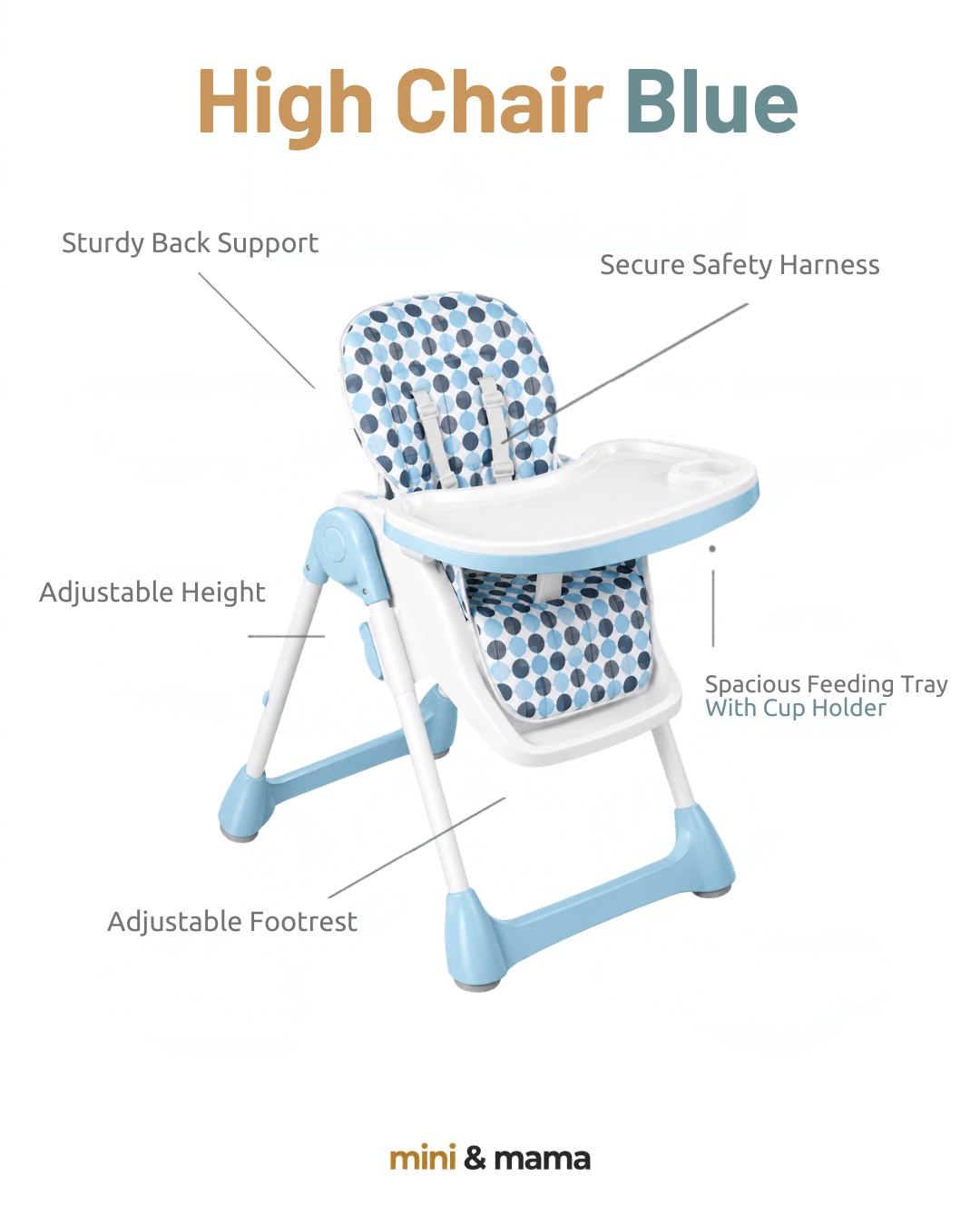 Blue Baby High Chair with Removable Tray – 3 Recline & 6 Height Positions