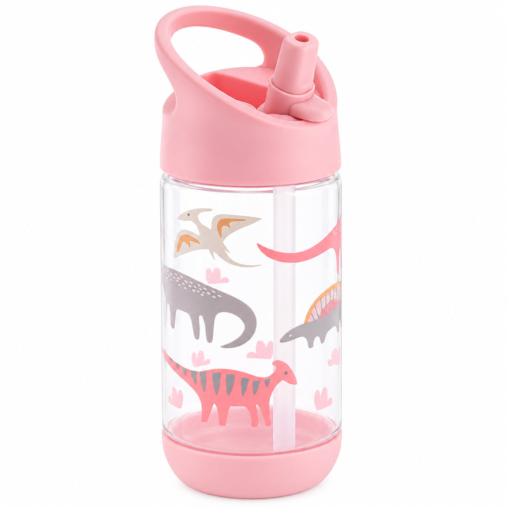 Pink water bottle with dinosaur design and straw lid on a white background