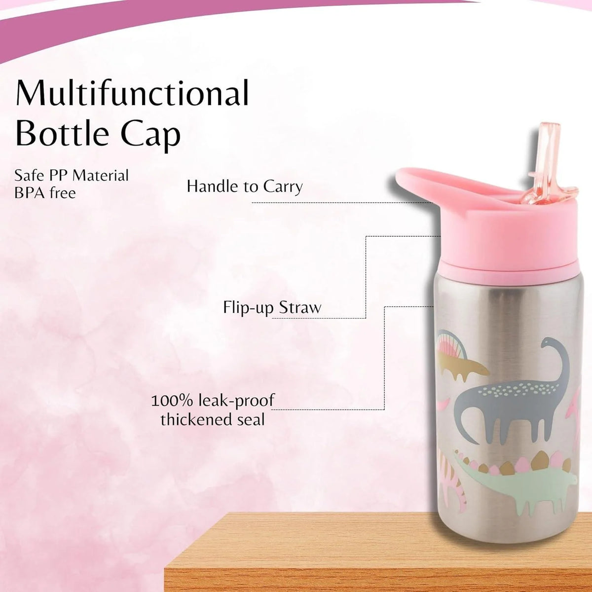 Stephen Joseph Stainless Steel Water Bottles - Pink Dino, 350ml