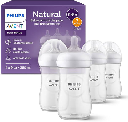 Philips AVENT Natural Baby Bottle with Natural Response , Clear, 9oz, 4pk, SCY903/04