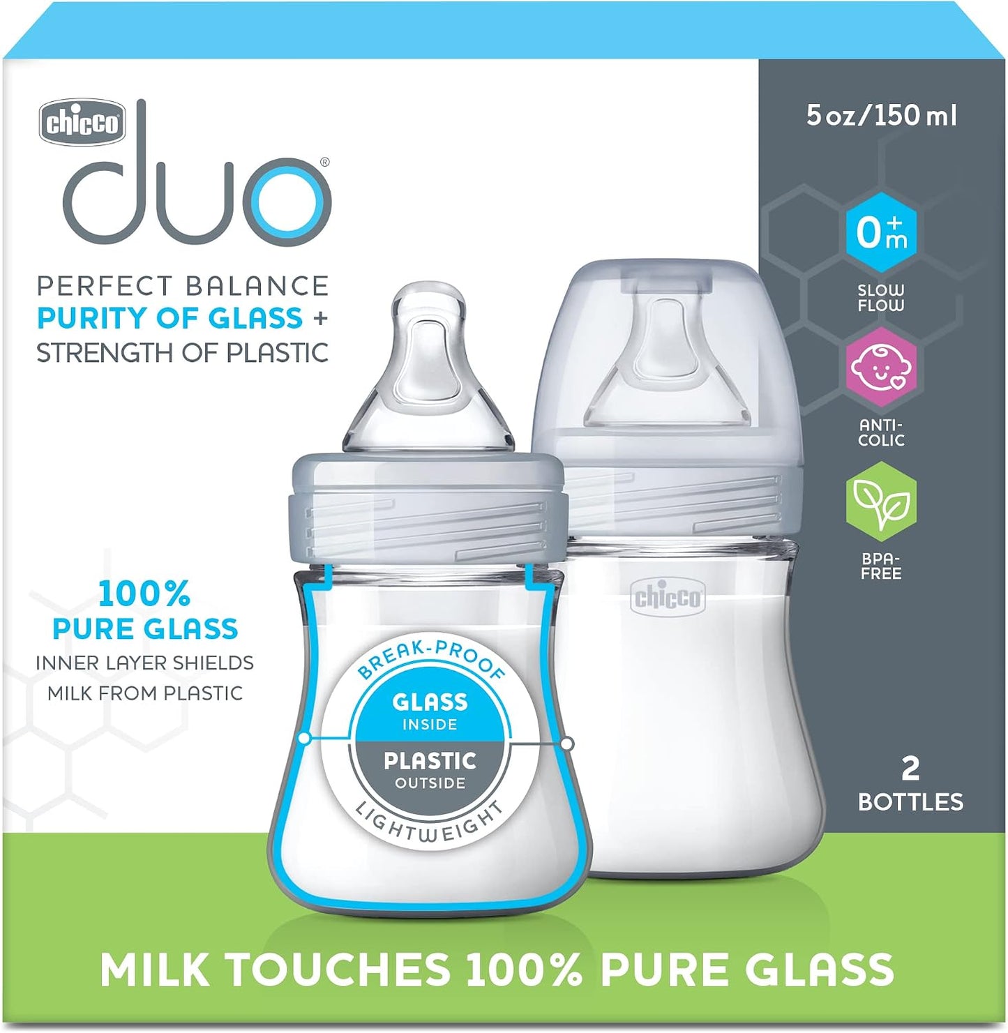 Chicco Duo 5oz. Hybrid Baby Bottle with Invinci-Glass Inside and Plastic Outside