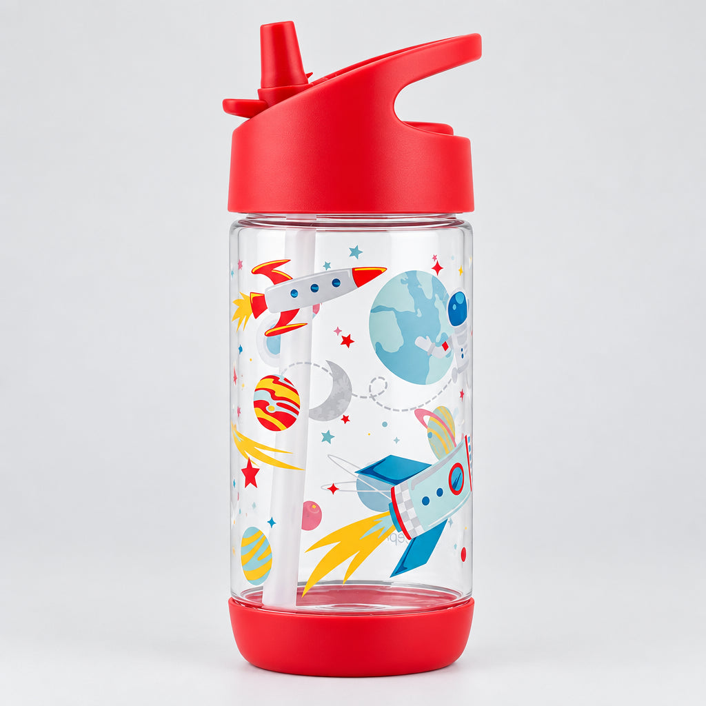 Children's water bottle with space-themed design and red lid