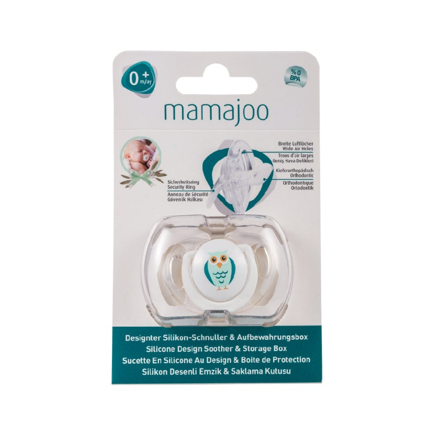 MAMAJOO 1x ORTHODONTIC SILICONE SOOTHER OWL 0M+ & STORAGE BOX