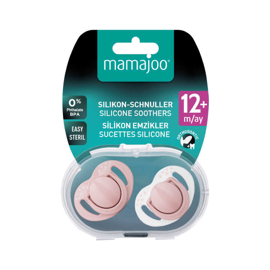 Twin Orthodontic Silicone Soothers Powder Pink 12m+ with Sterilization & Storage Box