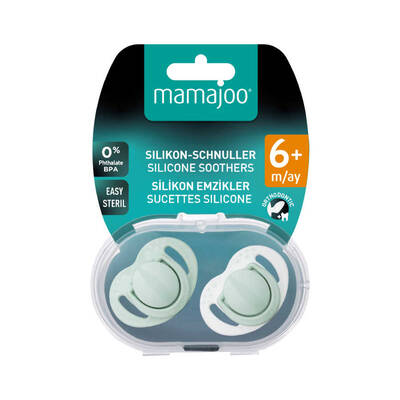 MAMAJOO TWIN ORTHODONTIC SILICONE SOOTHERS POWDER GREEN 6M+ WITH STERILIZATION & STORAGE BOX