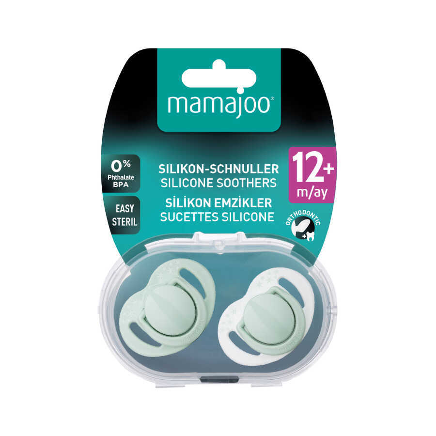 MAMAJOO TWIN ORTHODONTIC SILICONE SOOTHERS POWDER GREEN 12M+ WITH STERILIZATION & STORAGE BOX