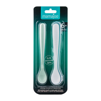 MAMAJOO 2 x FEEDING SPOONS POWDER GREEN & STORAGE BOX